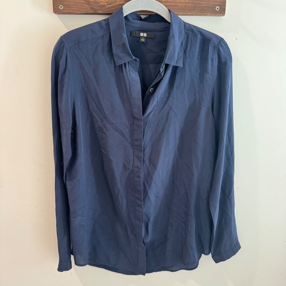 Uniqlo Womens Navy Blue 100% Silk Long Sleeve Button Down Blouse Size Small